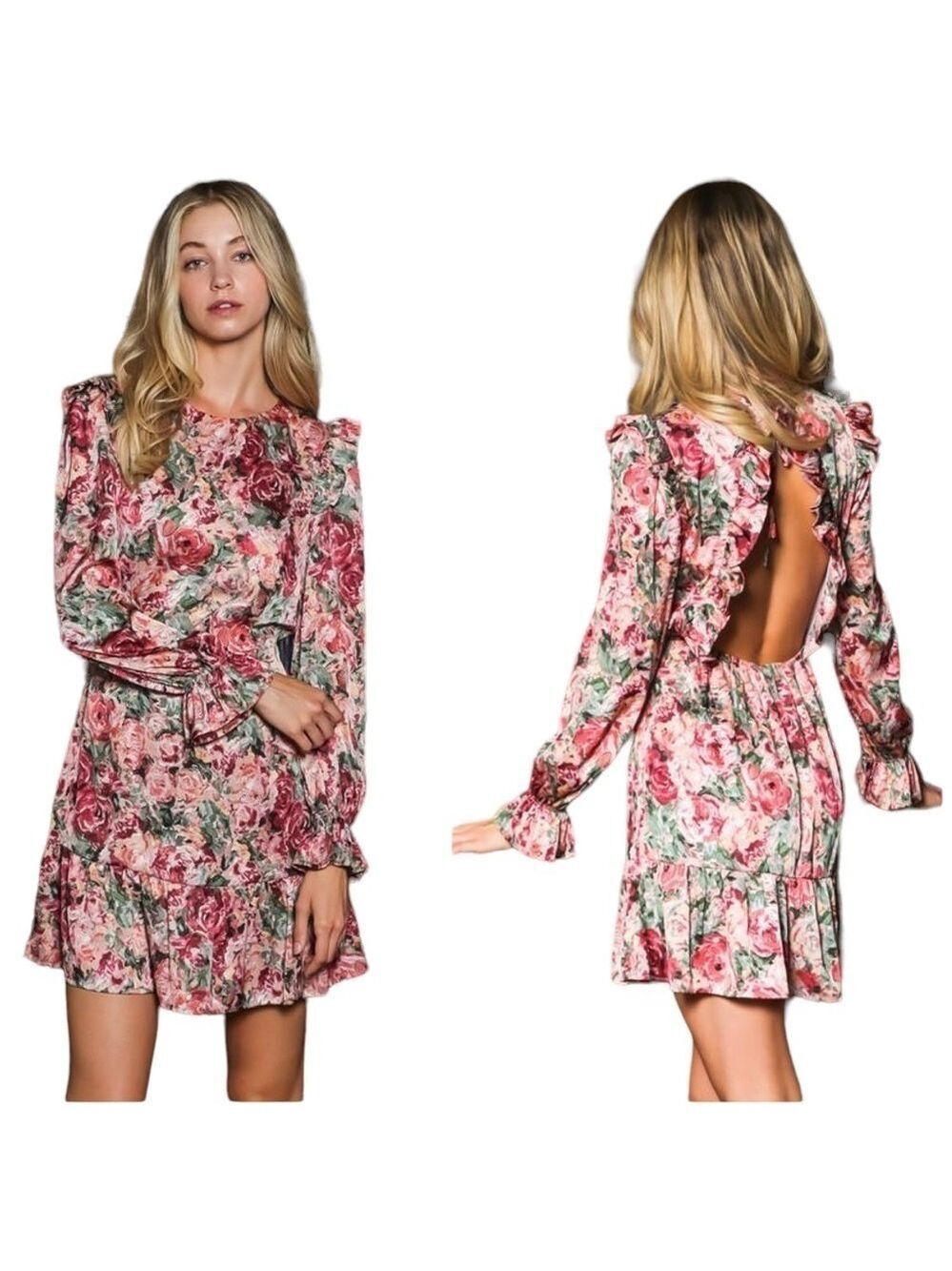 Aakaa Satin Feel Floral Open Back Long Sleeve Ruffle Details Mini Dress